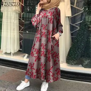 ZANZEA Vintage Moslimské Oblečenie Žien, Dlhý Rukáv Kvetinový Vytlačené Sundress Jeseň Maxi Šaty Kaftan Župan Prekladané Voľné Vestidos Femme