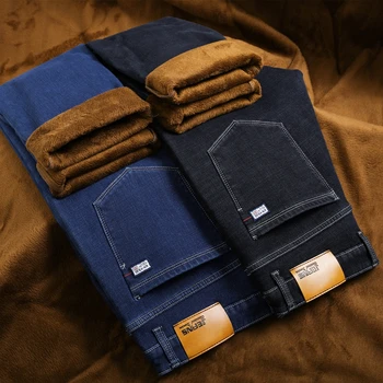 40 42 44 46 veľkosť pánske zimné klasické džínsy značky fleece oblečenie hrubé teplé business bežné slim rovné denim džínsy