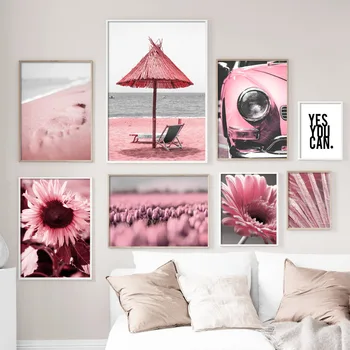 Ružová Tulipán Slnečnice Mora Pláž Auto Citácie Wall Art Plátno Na Maľovanie Nordic Plagáty A Potlačou Obrazov Na Stenu Pre Obývacia Izba Dekor