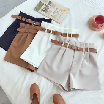 CamKemsey Kórejský Stručný Dizajn Biely Oblek Šortky Pre Ženy 2020 Módne Pevné Vysoký Pás Široký Nohu Šortky S Pásom 5 Farieb