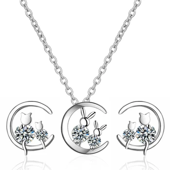 Jednoduché Roztomilý Mesiac Mačky, Prívesky, Náhrdelníky Sady Dievčatá Darček 925 Sterling Silver Reťazí Náhrdelníky Náušnice Šperky Set Pre Ženy