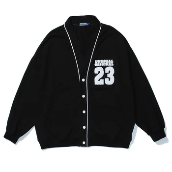 Mens Číslo 23 Výšivky Cardigan Mikina Otvoriť Steh Vintage Harajuku Bunda 2021 Jar Unisex Nadrozmerná tvaru Streetwear