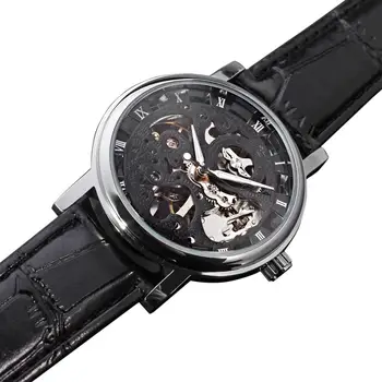 VÍŤAZ SLEDOVAŤ čierny povrch Rímske číslice digitálny dial jedinečný zadnej strane čiernym koženým remienkom muži mechanické hodinky