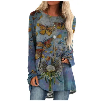 3D Butterfly Print T Shirt Ženy Dlhý Rukáv O-Krku Voľné Topy 3XL Plus Veľkosť Žena Streetwear Módne Oblečenie 2021 Novú Jar