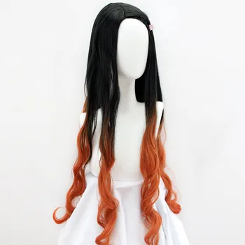 100 cm/39inch ženy Kamado Nezuko cosplay parochňu Démon Vrah: Kimetsu č Yaiba sestra čierna s oranžovými dlhé vlnité vlasy