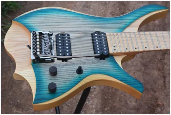 7 Reťazce Bezhlavého Elektrická Gitara štýl modrá praskla farbu Plameňa javorový Krk na sklade doprava zadarmo