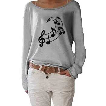 Hudba Poznámka Mesiac Grafické T-shirt Bavlna Lumbálna Ženy Dlhý Rukáv Zábavné Jeseň Streetwear Tee Topy