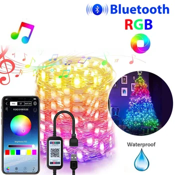 Bluetooth Vianočné Osvetlenie Medený Drôt LED Reťazec Svetelné Girlandy Spálňa pre Domáce Svadobné Nový Rok Dekorácie USB Rozprávkových Svetiel