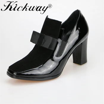 Kickway Nové REAL FOTO vysoké podpätky čerpadlá štvorcové prst originálne kožené topánky, ženy, dámy čierne Sexy chaussure femme 34-44