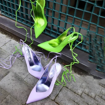 2020 Zelená Luxusné Saténové Sandále Ženy Ukázal Prst Členok Popruh Fialová, Ružová, Červená Vysoký Podpätok Topánky Ženu Sexy Party Topánky
