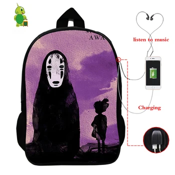 Ghibli Odvážneho Preč Č Tvár Batoh Školské Tašky pre Dospievajúcich Chlapcov, Dievčatá, USB Nabíjanie Notebooku Batoh Bežné Cestovná Taška cez Rameno