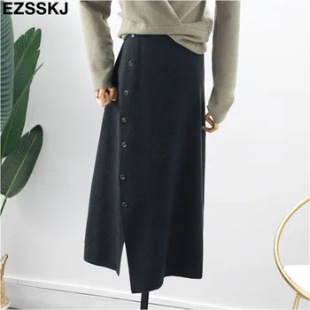 NOVÉ elegantné Pletené tlačidlo jar jeseň pletenie sukne ženy ženy vysoký pás bežné a-line ženské sukne dlhé sukne pevné