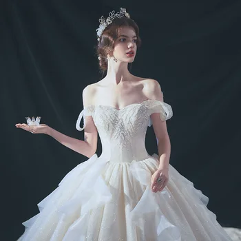 Luxusná Čipka Loď Krku Svadobné Šaty 2021 Svadobné Šaty S 1m Dlhý Vlak Ramena plesové Šaty, Vestido De Noiva Prispôsobiť