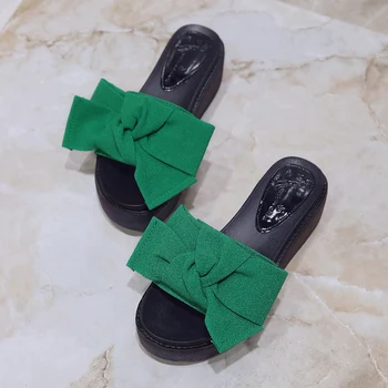 Aphixta Butterfly-uzol Platformu Klinu Papuče Ženy Pláže Topánky Zaniesť Riband Zelená Flip Flop Sandále Listov Pantoufle Femme