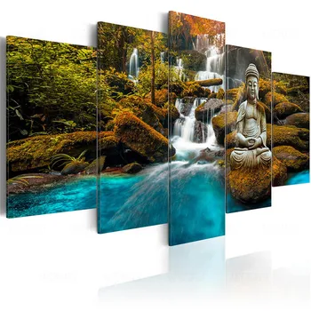 Sochu Budhu Umenie Výtlačkov Waterfull Plagát Plátno Umenia 5 Kusov Modulárny Obrázky Zelenej Prírody Nástenné Maľby Spálňa Domova