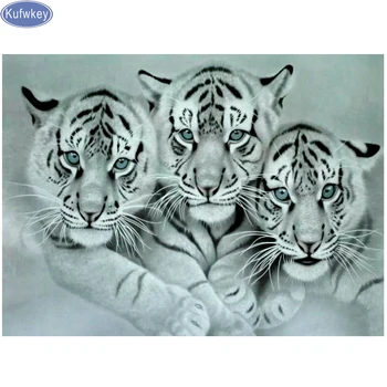 DIY Diamond Výšivky tri biely tiger zvierat Diamond Maľovanie Cross Stitch námestie Vŕtať Mozaiky diamond Spálne Dekorácie