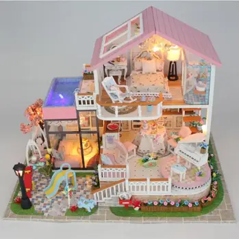 13846 Hongda DY domček pre bábiky Mini villa model veľké drevené doll house miniatúrne Nábytok, Drevené 3D Model Budovy-sladké slová