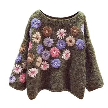 Top kvalita kvetinové výšivky pletené ženy svetre a pulóvre casuall voľné svetlice rukávy zahustiť teplé dáma vytiahne topy