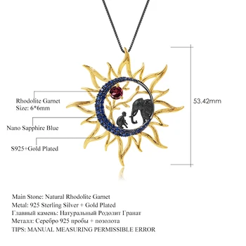 GEM BALET Sun Moon Slon Afrike Prívesok Prírodné Rhodolite Granát 925 Sterling Silver Ručné Náhrdelník Prívesok Pre Ženy