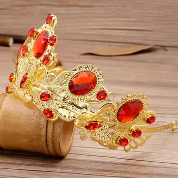 Klasické jednoduché červené drahokamu nevesta hairband Barokový red royal crown headdress svadobné vlasové ozdoby