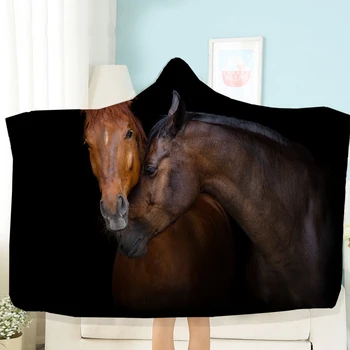 Kôň Deka Kryt jednoduché Dvojité Veľkosť s Kapucňou Deka Pre Deti, Dospelých, 3D Tlač Nositeľné Deka Čierna Modrá Piknik posteľná bielizeň