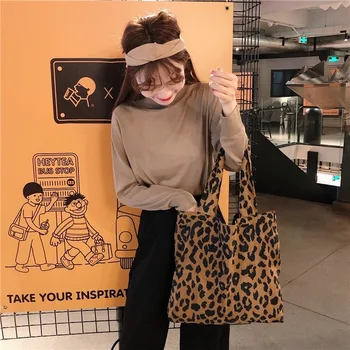 Ženy Ramenný Plátno Shopper Taška Leopard Tlač kórejský Nákupní Taška Bežné Ženské Kabelky Bavlnená Tkanina Tote Tašky pre Ženy 2020