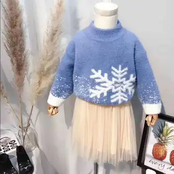 Velvet snehu kvety dievčatá tepelnej svetre patria detský pletený pulóver nosenie detské oblečenie