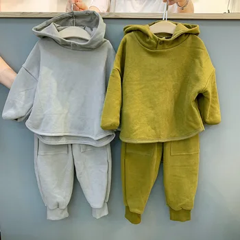 Jeseň 2020 kórejský detské Oblečenie Set sa Chlapci A Dievčatá Módne Jednoduché Kapucí Top + Nohavice Bavlna, Baby, Deti 2 Kus Oblek
