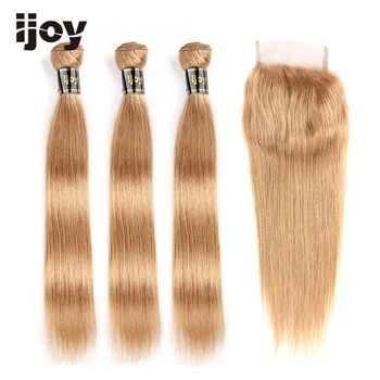 Ľudské Vlasy Zväzky S 4×4 Čipky Uzavretie Rovné Vlasy Farebné Honey Blonde Brazílsky Vlasy Čierne Ženy Non-Remy IJOY
