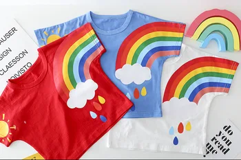Letné Deti Sady Chlapci Dievčatá Módne Oblečenie Sady Deti Bavlna Rainbow Tlače T-shirt + Denim Šortky Dvoch-dielny detské Oblečenie