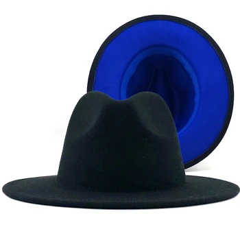 čierna s modrou Spodnej Patchwork Panama vlnená Plsť Jazz Fedora Klobúky Ženy Muži 7,5 CM Široký Okraj Strany, Kovboj plstený klobúk Gambler Hat