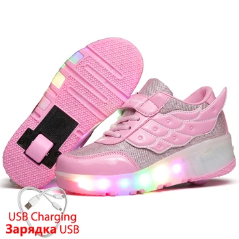 Nabíjanie pomocou pripojenia USB Svetelný Tenisky Sviečka Valec Tenisky s Kolesami pre Dievčatá Bežecké Topánky na Kolieskach s Krídlami