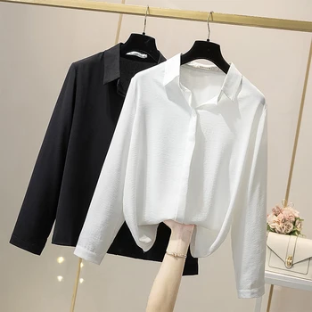 Solid Farba Čierna Biela Šifón Košele Plus Veľkosť Oblečenie 2021 Nadrozmerná Jar Jeseň Feminina Žien Top Blúzky, D0688