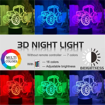 Cool Traktor 3d Optické Dieťa Nočné Svetlo Led Dotykový Senzor Diaľkového Farby Nočného pre Domova Nočný Stolík Lampa Auto