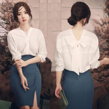 Kórejský Štýl, Pevný Biely Šifón Blúzka 2021 Jeseň Dlhý Rukáv Späť Luk tvaru Ženy, Blúzky, Topy a Office Lady Style 11571