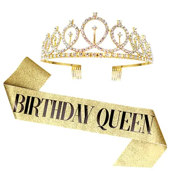 1Set Rose Gold Narodeniny Krídla Crystal Koruny Tiara Kráľovná Saténová Stuha Pre Birthday Party Dekorácie Happy Birthday Party Dodávky