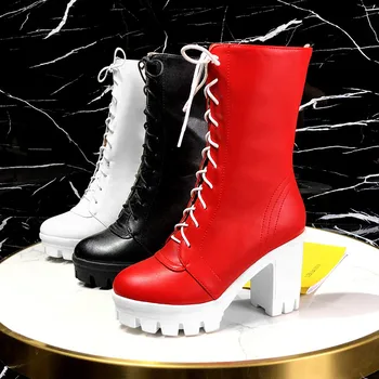 MORAZORA 2020 Najnovšie členková obuv ženy kolo prst vysoké podpätky platformu topánky šnurovacie jeseň zima punk topánky žena Krátke topánky