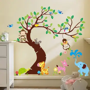 Lesné Zvieratá Strom samolepky na stenu pre deti izba Opice sova Jungle wild Stenu Odtlačkový Baby Škôlky, Spálňa Decor Plagát nástenná maľba 1piece