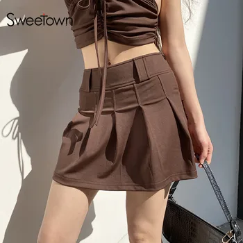 Sweetown Vintage Brown 90. rokov Estetické Skladaný Sukne Dámske Preppy Štýl Roztomilý Kawaii Oblečenie Nízkym Pásom E Dievča Mini Sukne Lete