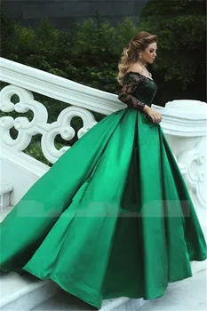 JIERUIZE Vintage Zelená plesové Šaty, Svadobné Šaty Off Rameno Čiernej Čipky Appliques Princezná Svadobné Šaty s Dlhým Rukávom župan de mariee