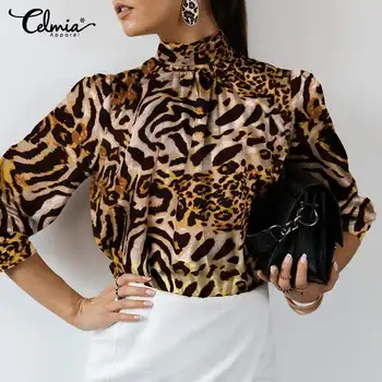 Ženy Saténové Blúzky Celmia 2021 Módne Dlhý Rukáv Slik Topy Bežné Leopard Vytlačené Sexy Blusas Femininas Elegantné Práce Blusas