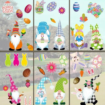 9sheet Veľkonočné dekorácie pre domov králik Okno samolepky na stenu Bunny radosť Veľkonočné vajíčko nálepky Veľkonočné králik PVC nálepky darček