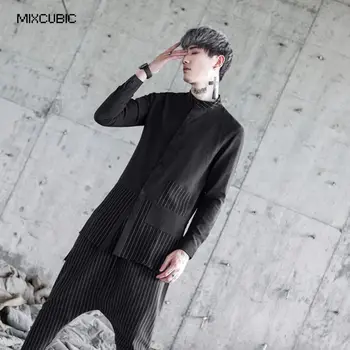 MIXCUBIC Jeseň Britský štýl jedinečný Asymetria, dĺžka košele mužov bežné slim Spojov prúžok košele pre mužov,veľkosť M-2XL