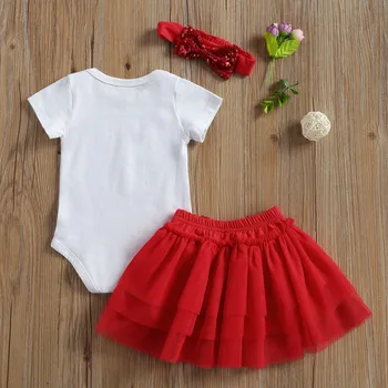 2021 Baby Leta Valentine Oblečenie 3ks Dieťa Dievča Oblečenie Vyhovovali Módne List Romper a Sequin Luk perlinkové tkaniny Sukne s hlavový most