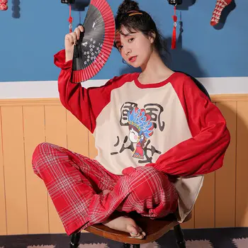 Pajama Sady Ženy Elegantné Cartoon Krásne Kórejský Femme Sleepwear Mäkké Nadrozmerná Jar Jeseň Preppy Lady Dve Dielna Sada Kawaii Pyžamá