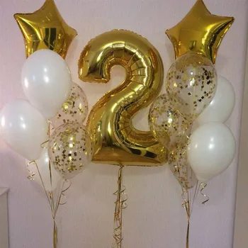 1set Zlato druhý rok staré narodeninovej party balóny zlato číslo 2 konfety balón dva roky staré 2nt narodeninovej párty dekorácie