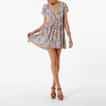 Boho Vintage Vtákov Kvetinový Tlač Mini Šaty Žien 2020 Nové Módne Tvaru S Krátkym Rukávom Letné Plážové Šaty Bežné Vestidos Mujer