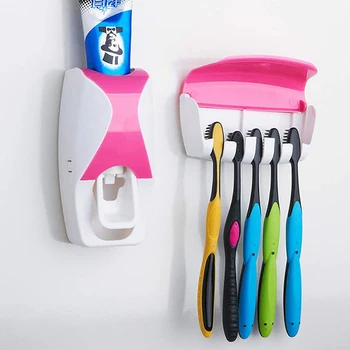 Automatické zubná pasta Dávkovač + 5 ks Kefka Držiteľ Nastaviť kúpeľňové Doplnky Nastaviť Wall Mount Rack zubná pasta Odšťavovače