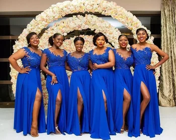 Kráľovská Modrá Čipky Bridemaid Šaty Dlhé 2020 New Horúce Šifón Úplnej Krku Nášivka Prom Party Šaty Bez Rukávov Svadobné Šaty Hosť