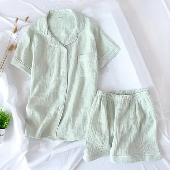 Japonský štýl nové letné dámske bavlnené double-layer krepové gázy-krátke rukávy pyžamo šortky oblek veľkosť domáceho poskytovateĺa ženy